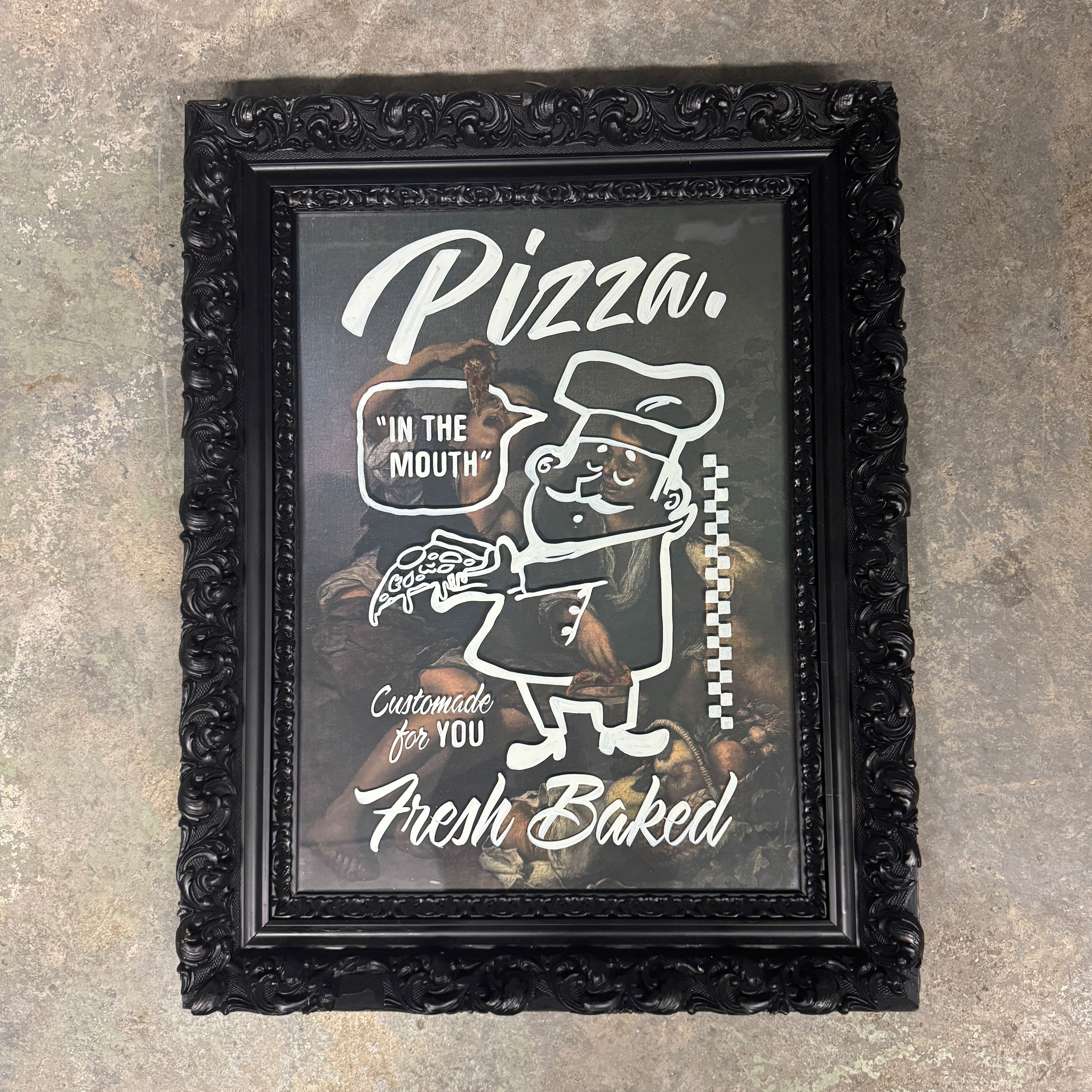 „Pizza Fresh Baked“ – Handlettering auf Fotodruck