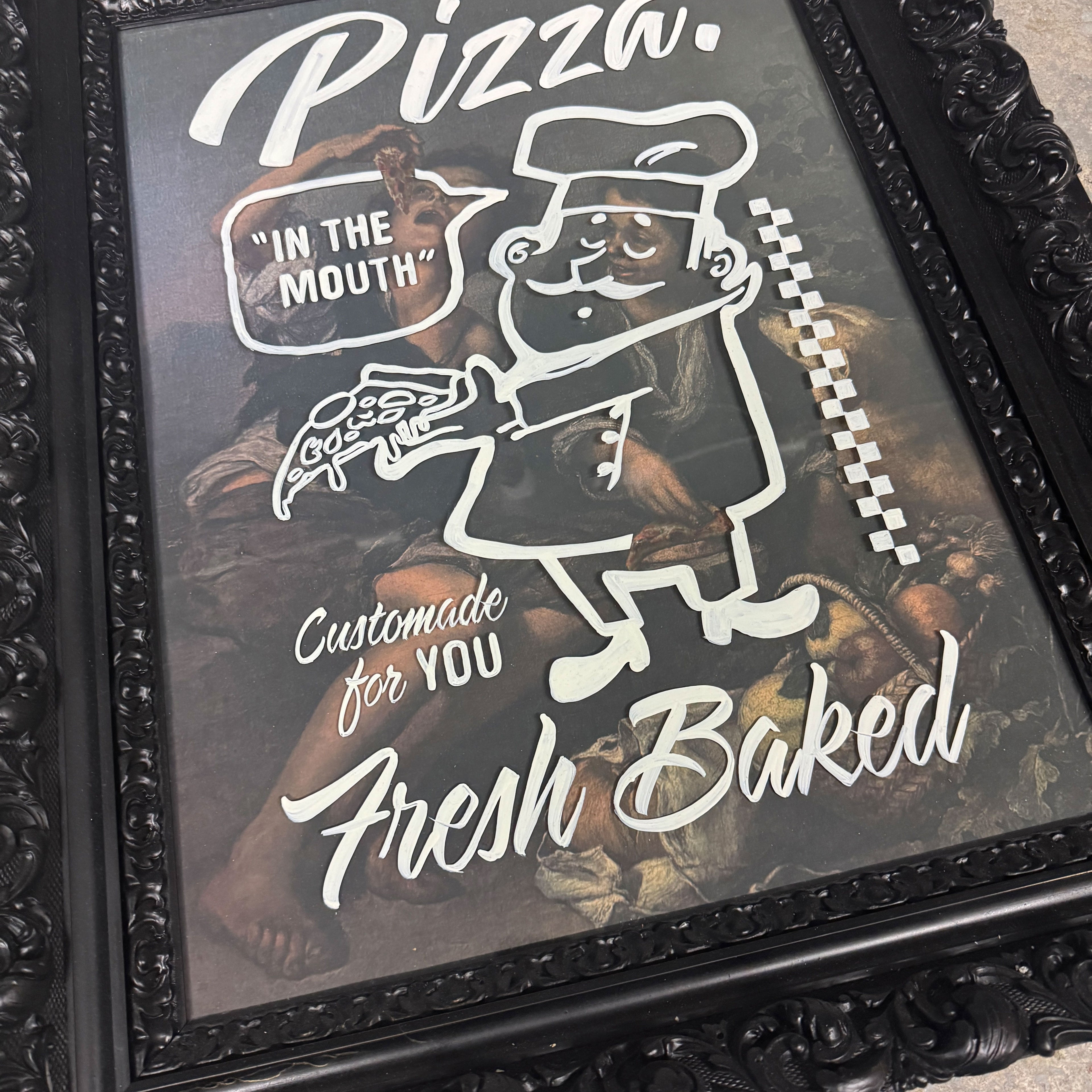 „Pizza Fresh Baked“ – Handlettering auf Fotodruck