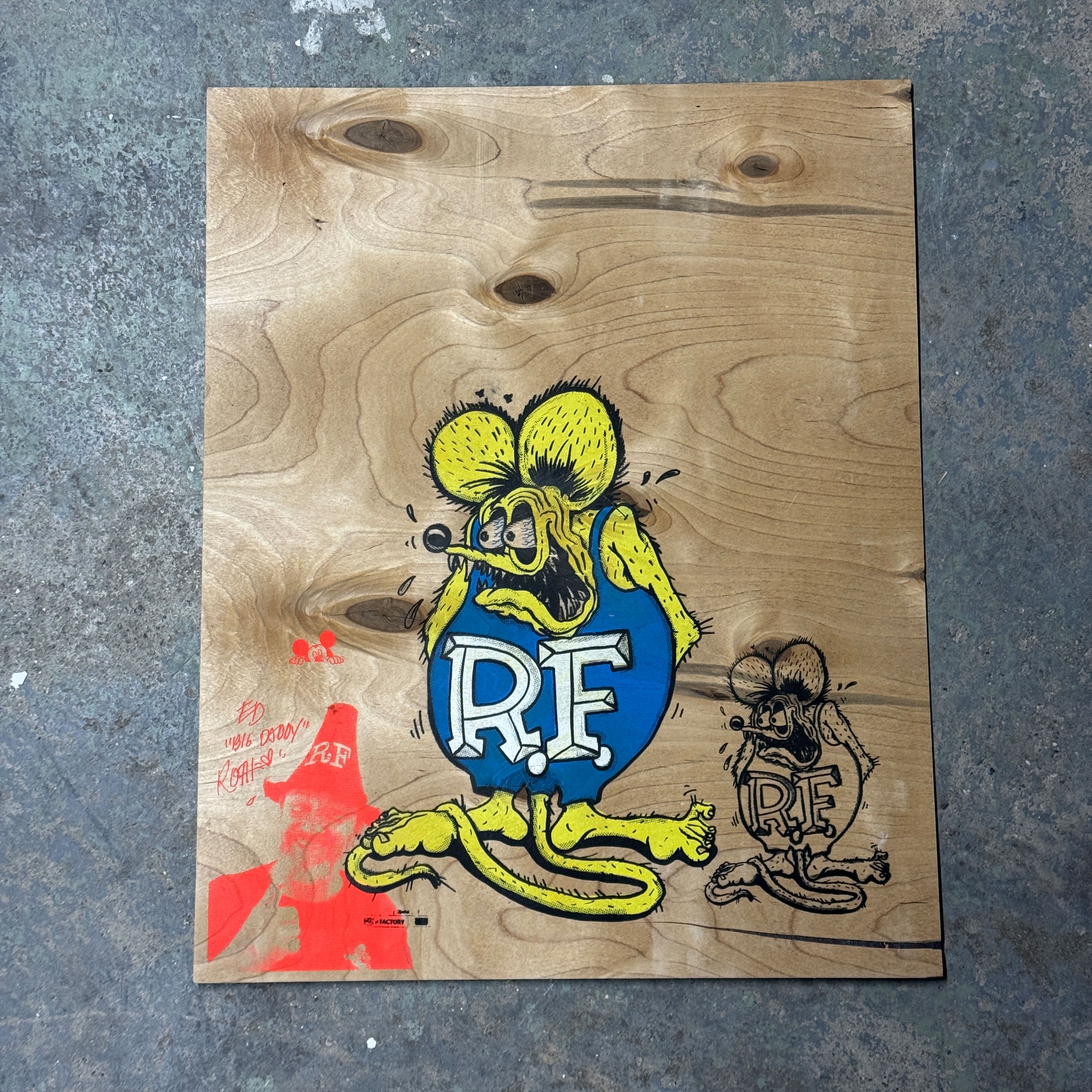 Rat Fink – Mehrfarbiger Siebdruck auf Holzplatte